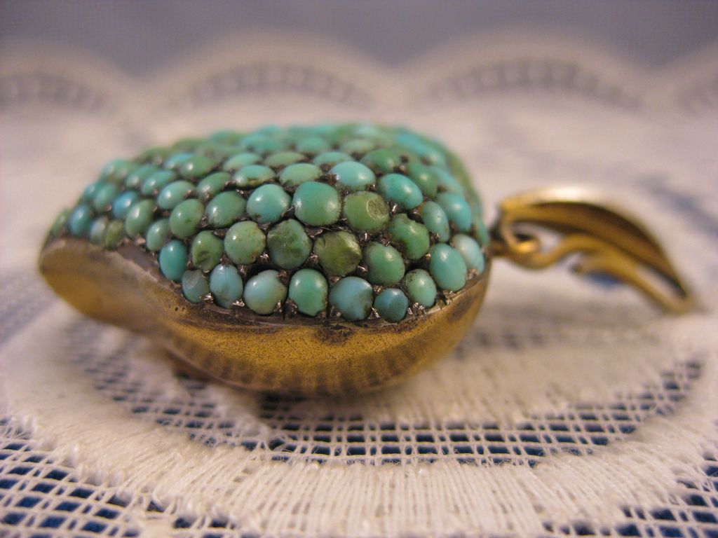 Victorian Antique ~ Pave Turquoise Puffy Heart Pendant ~ Sterling Silver Hair Locket Victorian Antique ~ Pave Turquoise Puffy Heart Pendant ~ Sterling Silver Hair Locket
