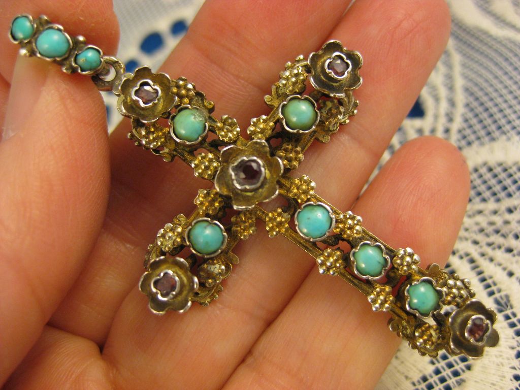 Antique Silver ~ Austro Hungarian Jeweled Cross Pendant ~ Austrian Turquoise & Garnets Antique Silver ~ Austro Hungarian Jeweled Cross Pendant ~ Austrian Turquoise & Garnets