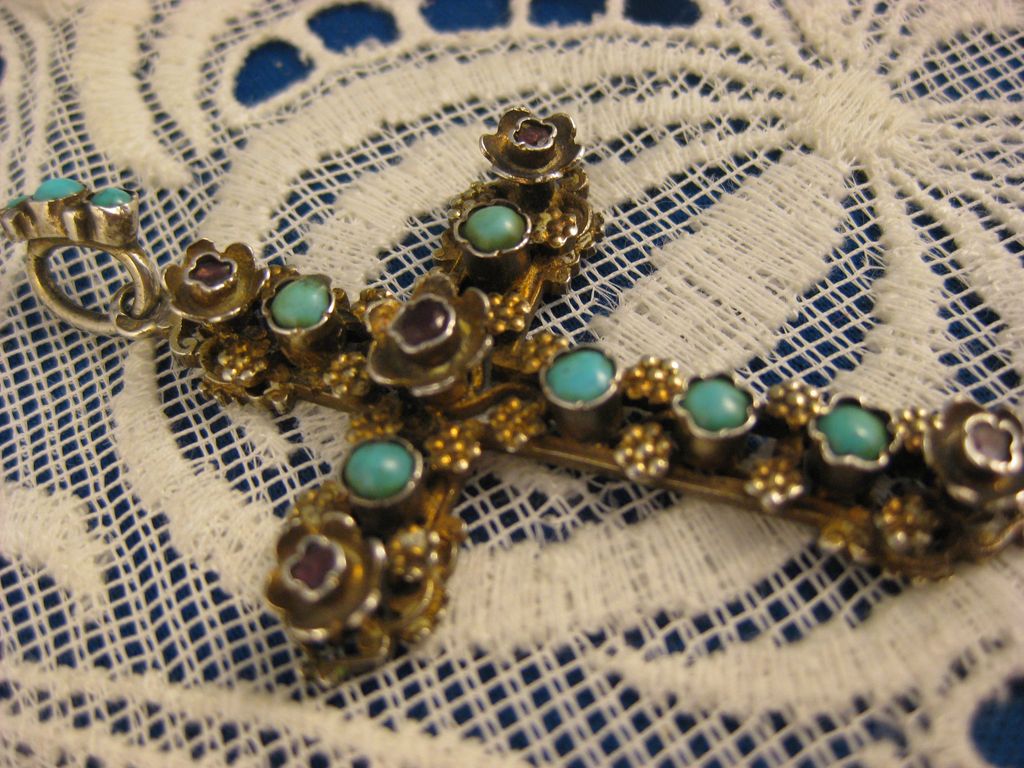 Antique Silver ~ Austro Hungarian Jeweled Cross Pendant ~ Austrian Turquoise & Garnets Antique Silver ~ Austro Hungarian Jeweled Cross Pendant ~ Austrian Turquoise & Garnets