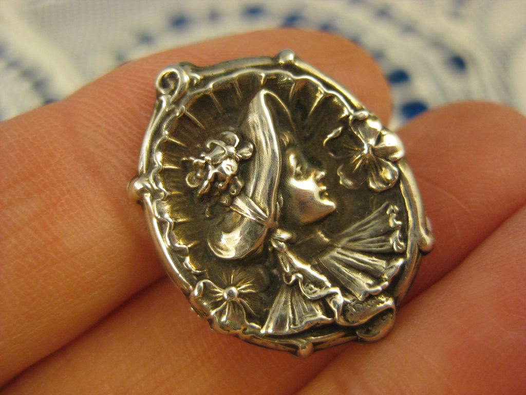 Sterling Art Nouveau ~ Lady in Bonnet Pin ~ Silver Brooch #1 Sterling Art Nouveau ~ Lady in Bonnet Pin ~ Silver Brooch #1