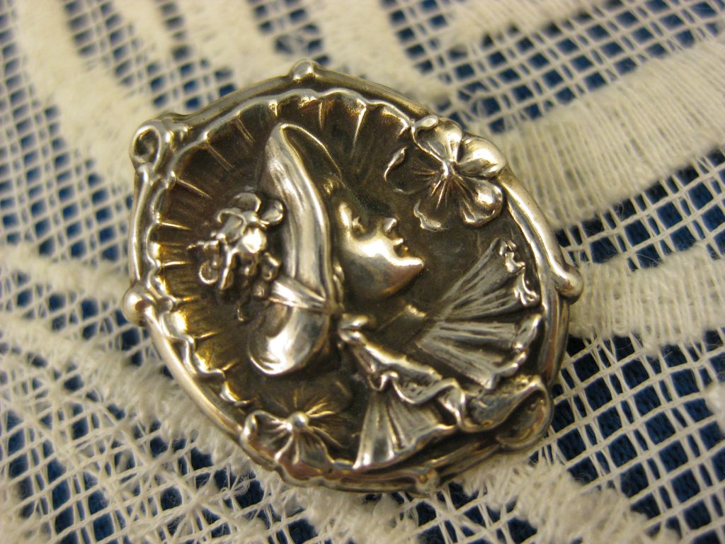 Sterling Art Nouveau ~ Lady in Bonnet Pin ~ Silver Brooch #1 Sterling Art Nouveau ~ Lady in Bonnet Pin ~ Silver Brooch #1