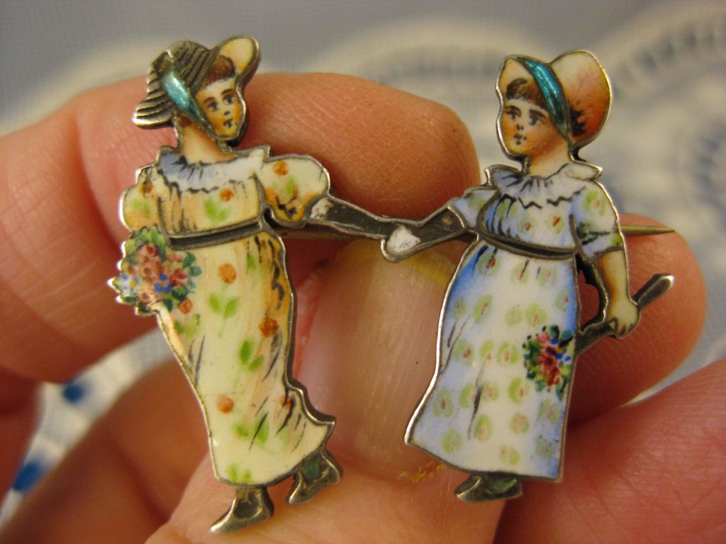 Antique Enamel ~ Victorian Girl Pin ~ French Depose 900 Silver Brooch Antique Enamel ~ Victorian Girl Pin ~ French Depose 900 Silver Brooch