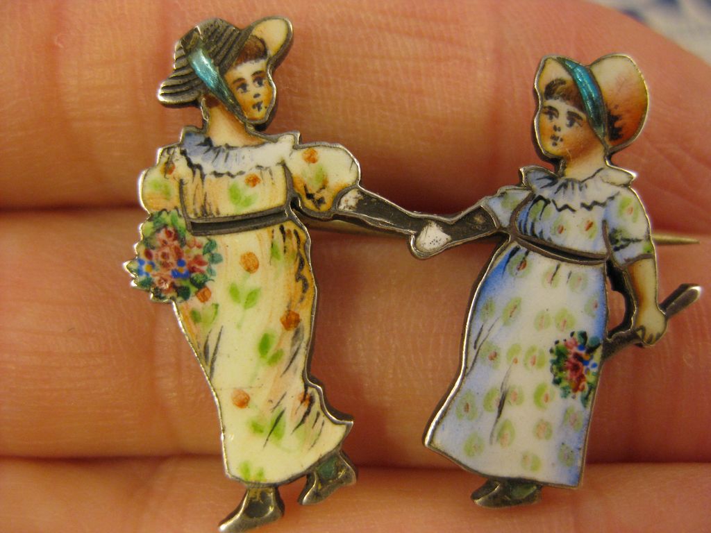 Antique Enamel ~ Victorian Girl Pin ~ French Depose 900 Silver Brooch Antique Enamel ~ Victorian Girl Pin ~ French Depose 900 Silver Brooch