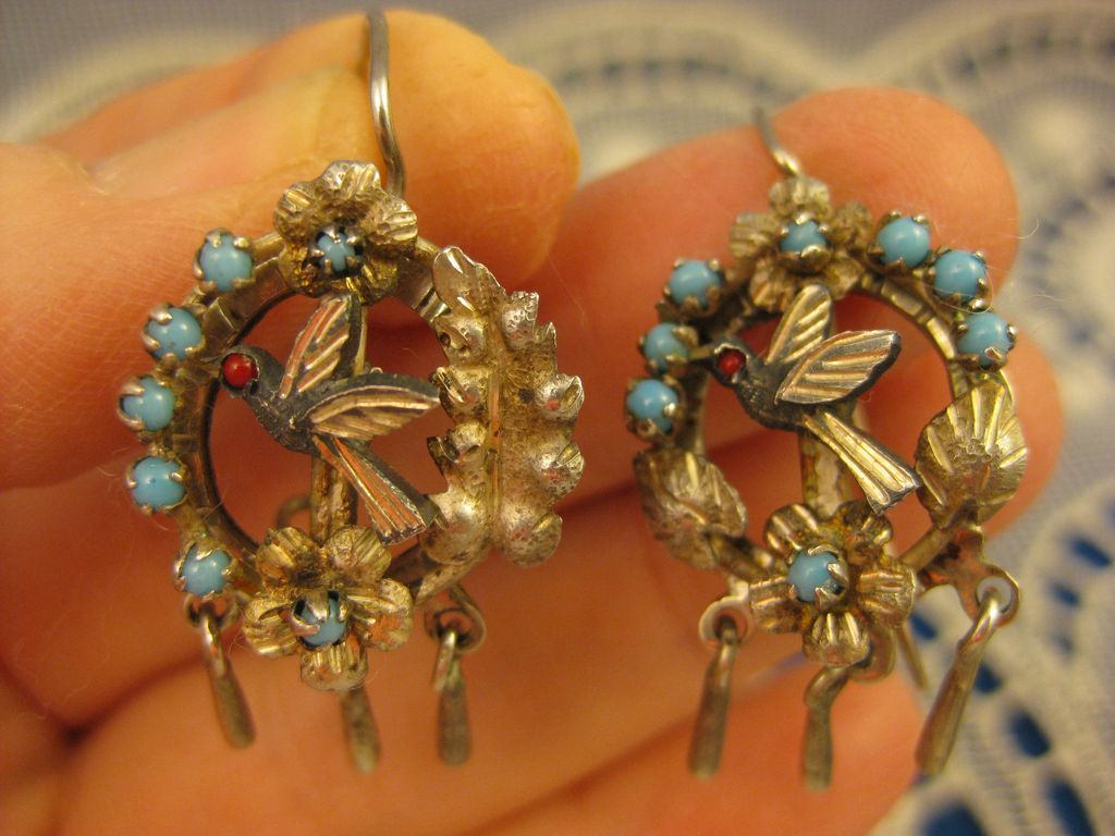 Victorian ~ Turquoise & Coral Bird Earrings~ Gold & Silver with Dangles Victorian ~ Turquoise & Coral Bird Earrings~ Gold & Silver with Dangles