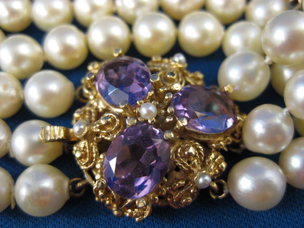14K Gold ~ Pearl & Amethyst Bracelet ~ Multi Strand Pearls 14K Gold ~ Pearl & Amethyst Bracelet ~ Multi Strand Pearls