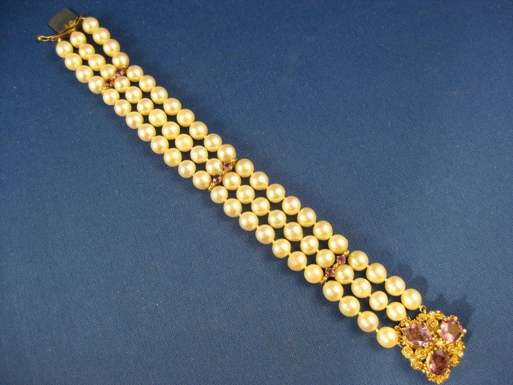 14K Gold ~ Pearl & Amethyst Bracelet ~ Multi Strand Pearls 14K Gold ~ Pearl & Amethyst Bracelet ~ Multi Strand Pearls