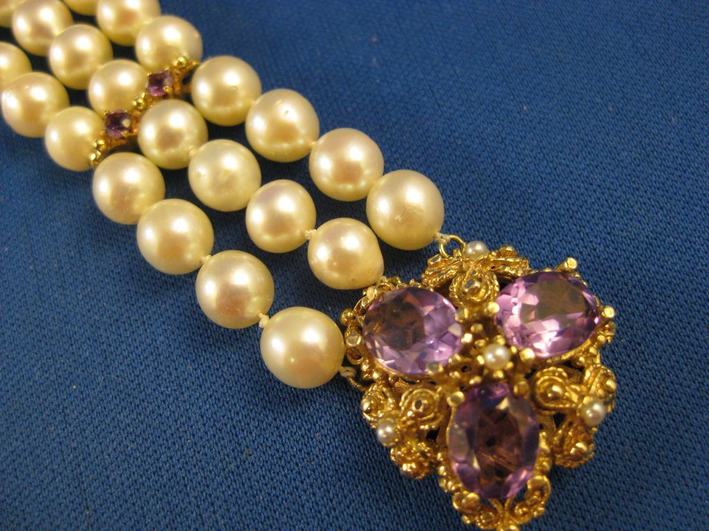 14K Gold ~ Pearl & Amethyst Bracelet ~ Multi Strand Pearls 14K Gold ~ Pearl & Amethyst Bracelet ~ Multi Strand Pearls