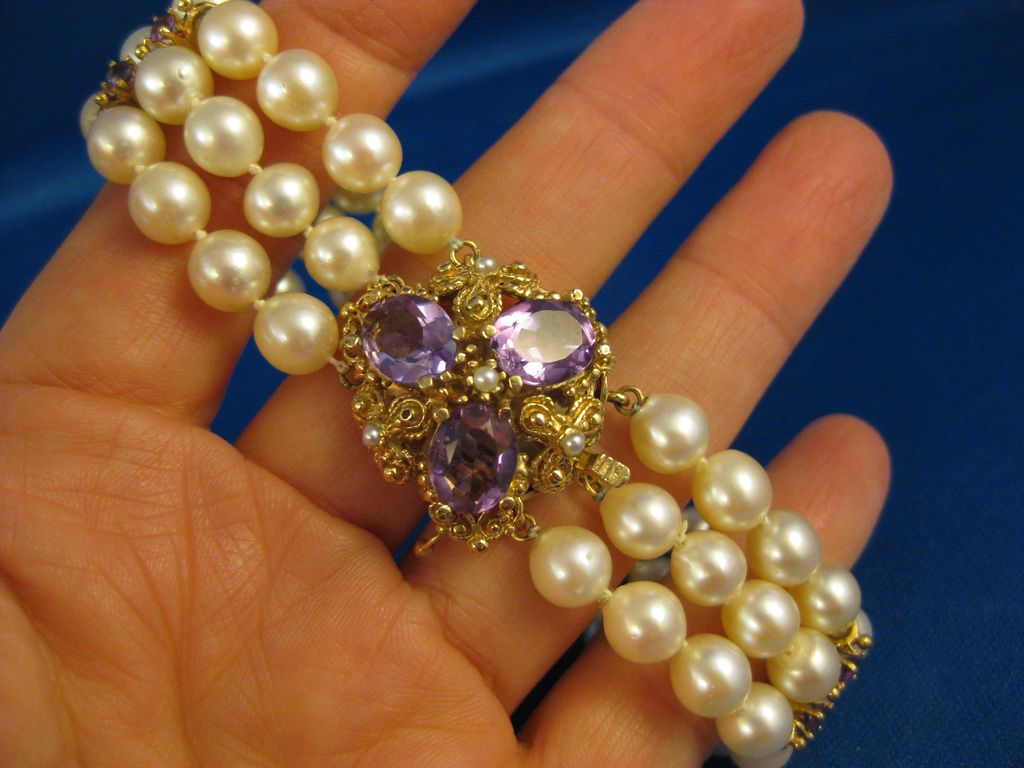 14K Gold ~ Pearl & Amethyst Bracelet ~ Multi Strand Pearls 14K Gold ~ Pearl & Amethyst Bracelet ~ Multi Strand Pearls