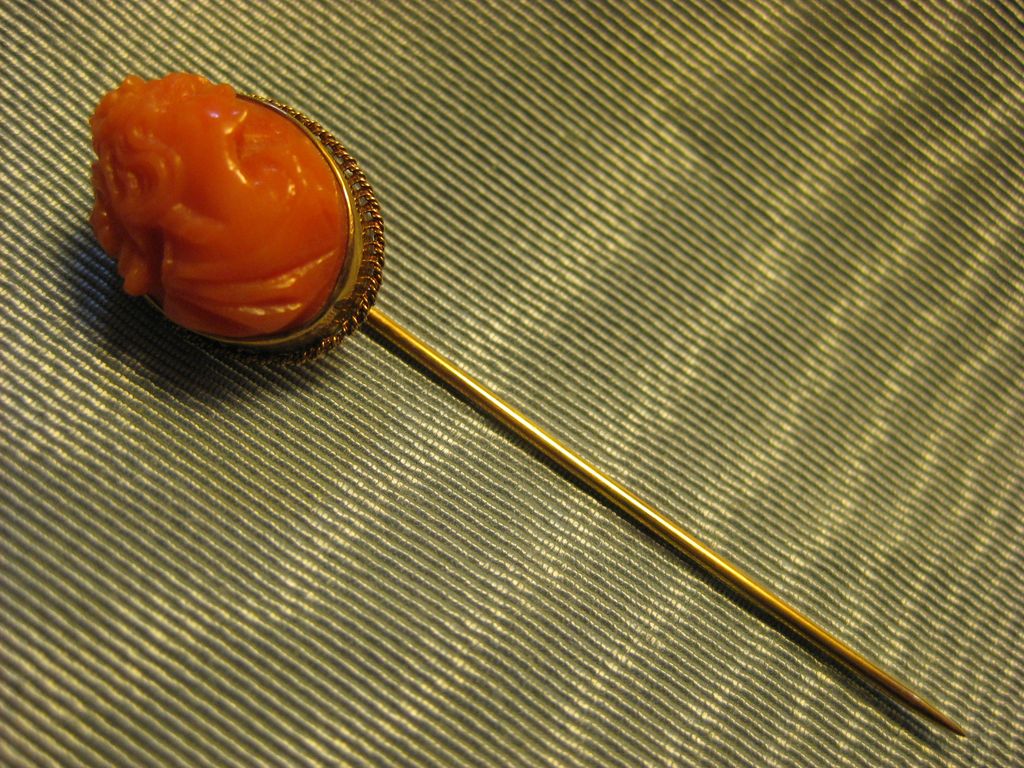 10K Gold ~ Carved Cameo Coral Stick Pin ~ Victorian Stickpin 10K Gold ~ Carved Cameo Coral Stick Pin ~ Victorian Stickpin