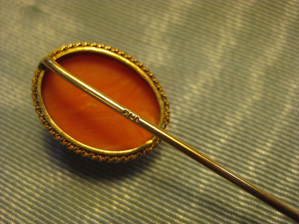 10K Gold ~ Carved Cameo Coral Stick Pin ~ Victorian Stickpin 10K Gold ~ Carved Cameo Coral Stick Pin ~ Victorian Stickpin