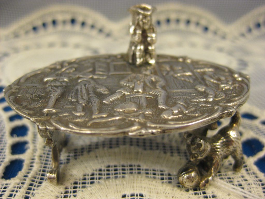 Antique Dutch Sterling ~ Miniature Table with Cat & Stein ~ Embossed Top Antique Dutch Sterling ~ Miniature Table with Cat & Stein ~ Embossed Top