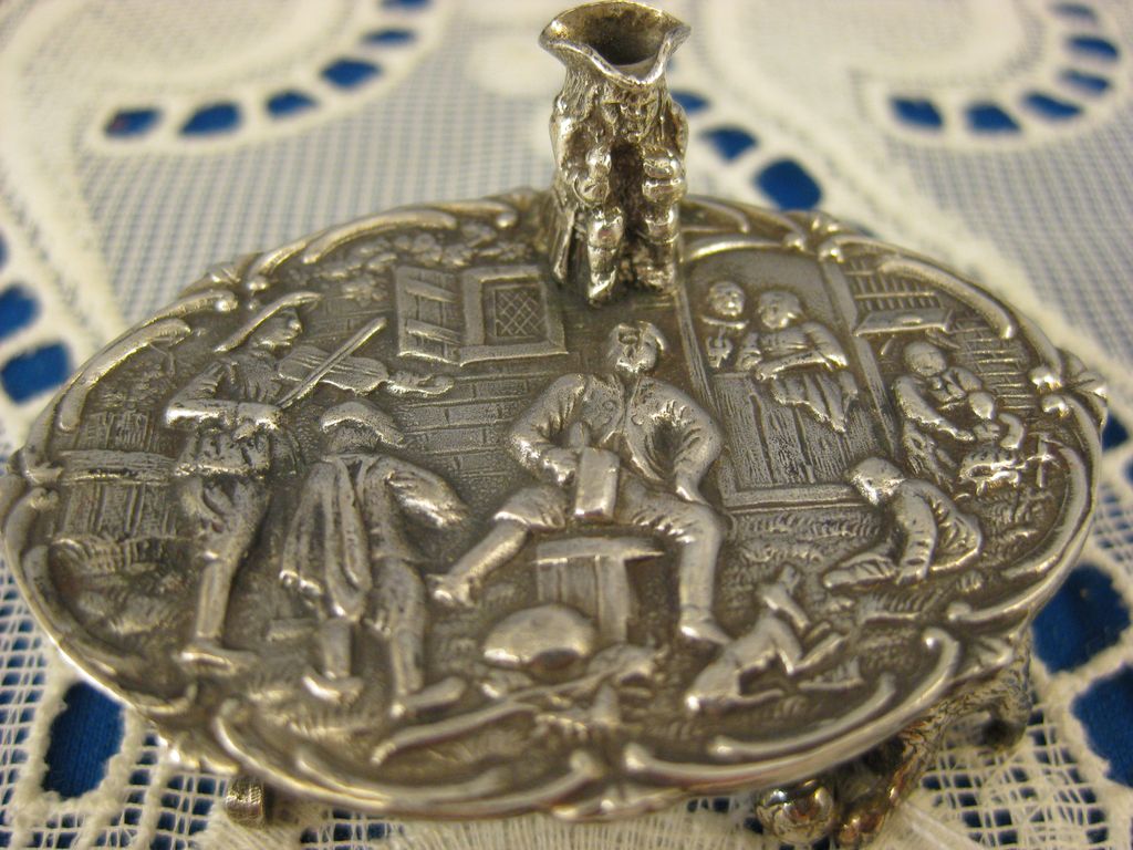 Antique Dutch Sterling ~ Miniature Table with Cat & Stein ~ Embossed Top Antique Dutch Sterling ~ Miniature Table with Cat & Stein ~ Embossed Top