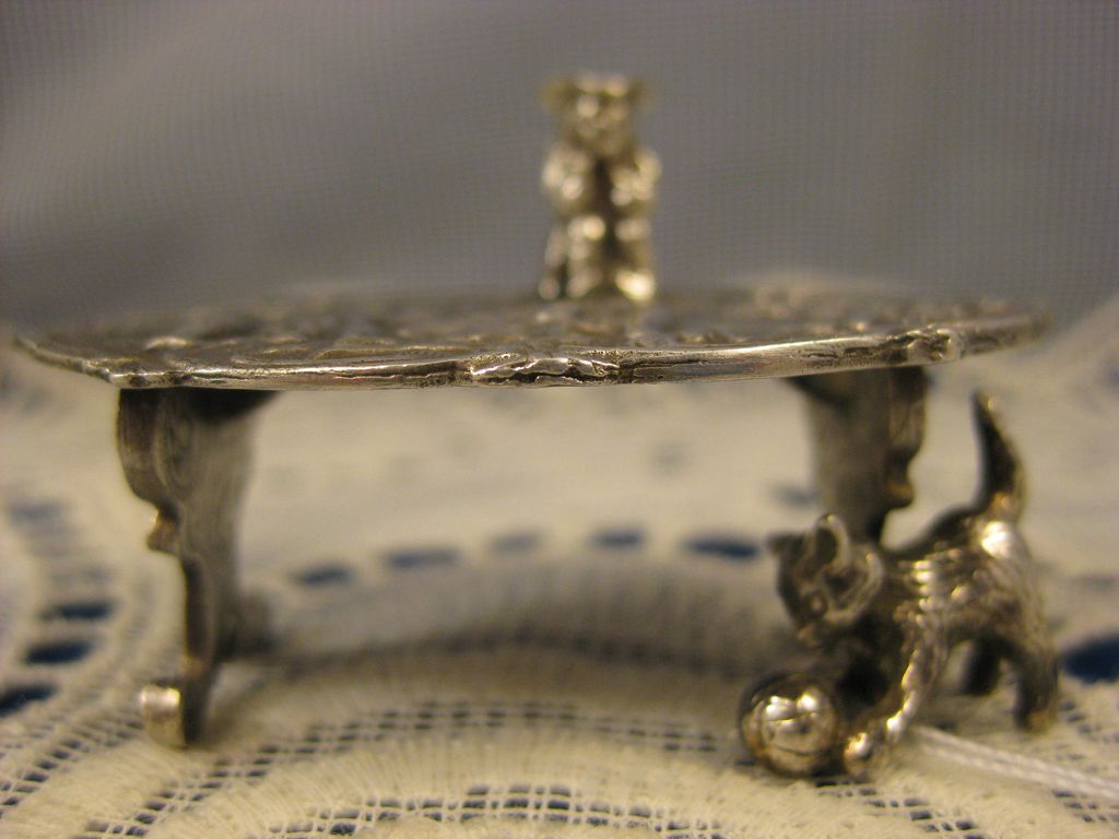 Antique Dutch Sterling ~ Miniature Table with Cat & Stein ~ Embossed Top Antique Dutch Sterling ~ Miniature Table with Cat & Stein ~ Embossed Top