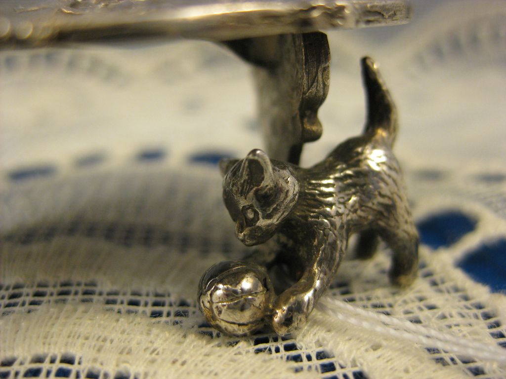 Antique Dutch Sterling ~ Miniature Table with Cat & Stein ~ Embossed Top Antique Dutch Sterling ~ Miniature Table with Cat & Stein ~ Embossed Top