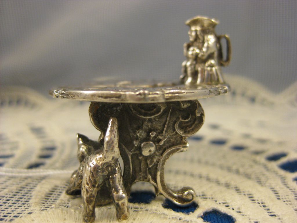Antique Dutch Sterling ~ Miniature Table with Cat & Stein ~ Embossed Top Antique Dutch Sterling ~ Miniature Table with Cat & Stein ~ Embossed Top
