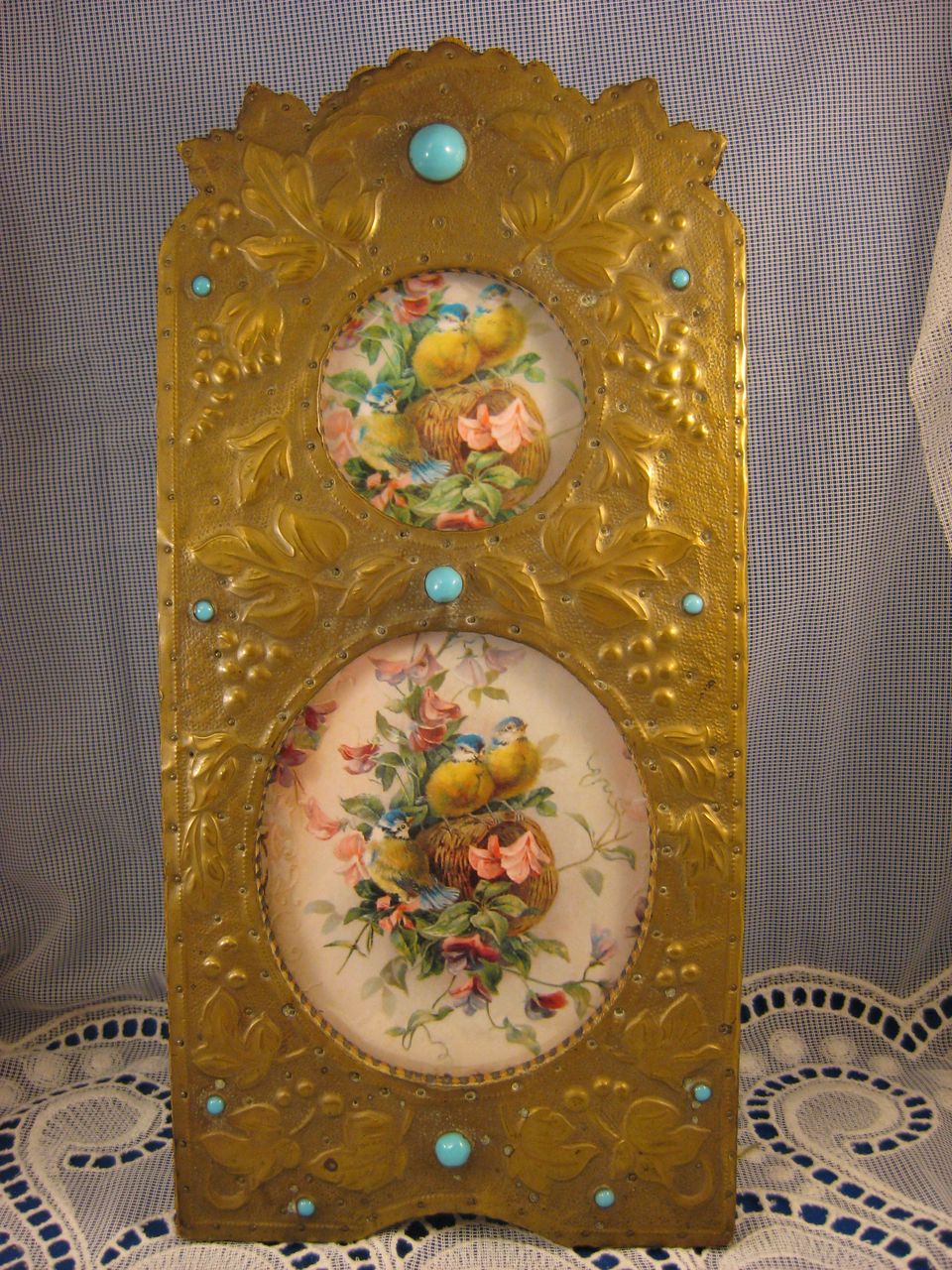 Brass Embossed ~ Double Picture Frame ~ Turquoise Jeweled Brass Embossed ~ Double Picture Frame ~ Turquoise Jeweled