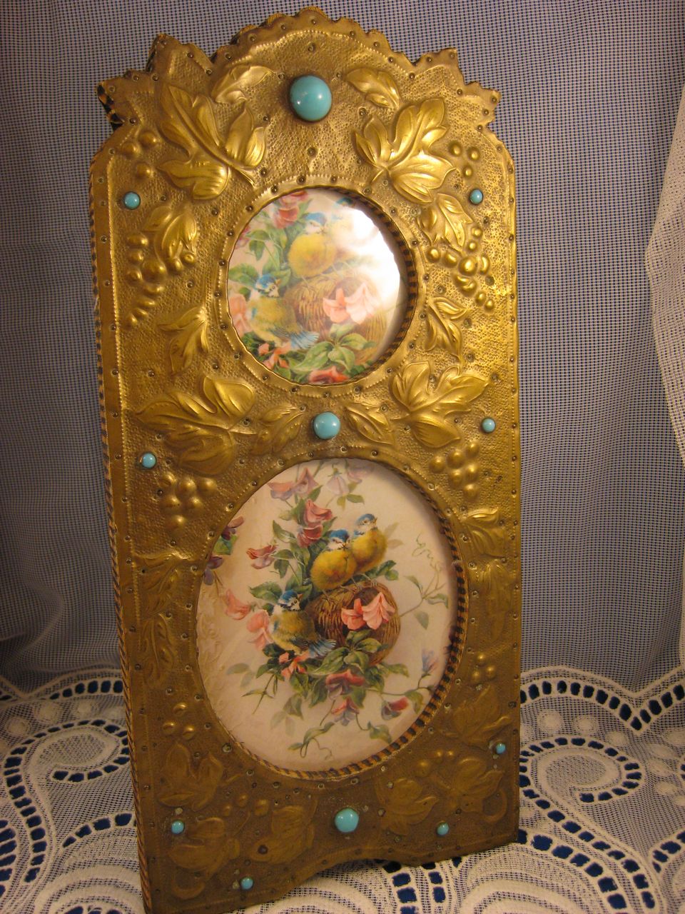 Brass Embossed ~ Double Picture Frame ~ Turquoise Jeweled Brass Embossed ~ Double Picture Frame ~ Turquoise Jeweled
