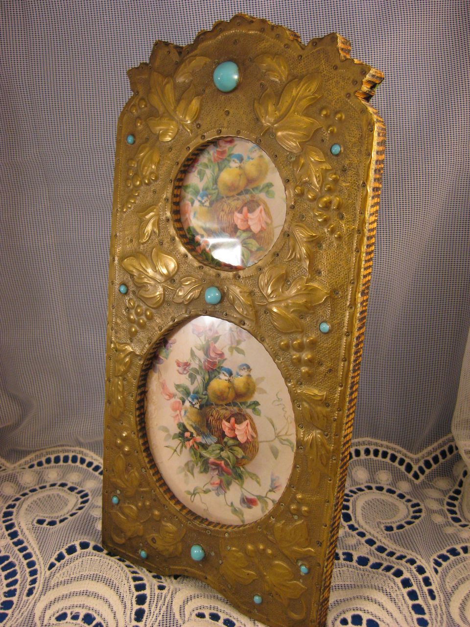 Brass Embossed ~ Double Picture Frame ~ Turquoise Jeweled Brass Embossed ~ Double Picture Frame ~ Turquoise Jeweled