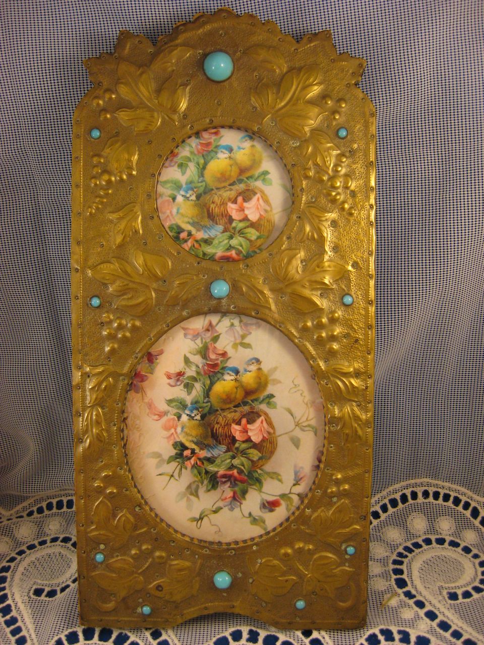 Brass Embossed ~ Double Picture Frame ~ Turquoise Jeweled Brass Embossed ~ Double Picture Frame ~ Turquoise Jeweled