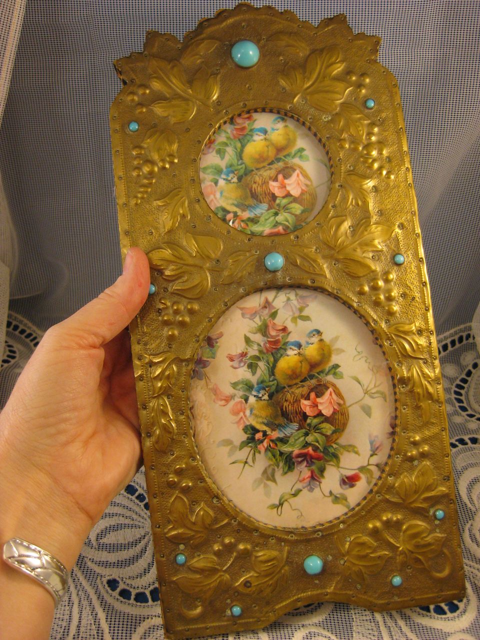 Brass Embossed ~ Double Picture Frame ~ Turquoise Jeweled Brass Embossed ~ Double Picture Frame ~ Turquoise Jeweled