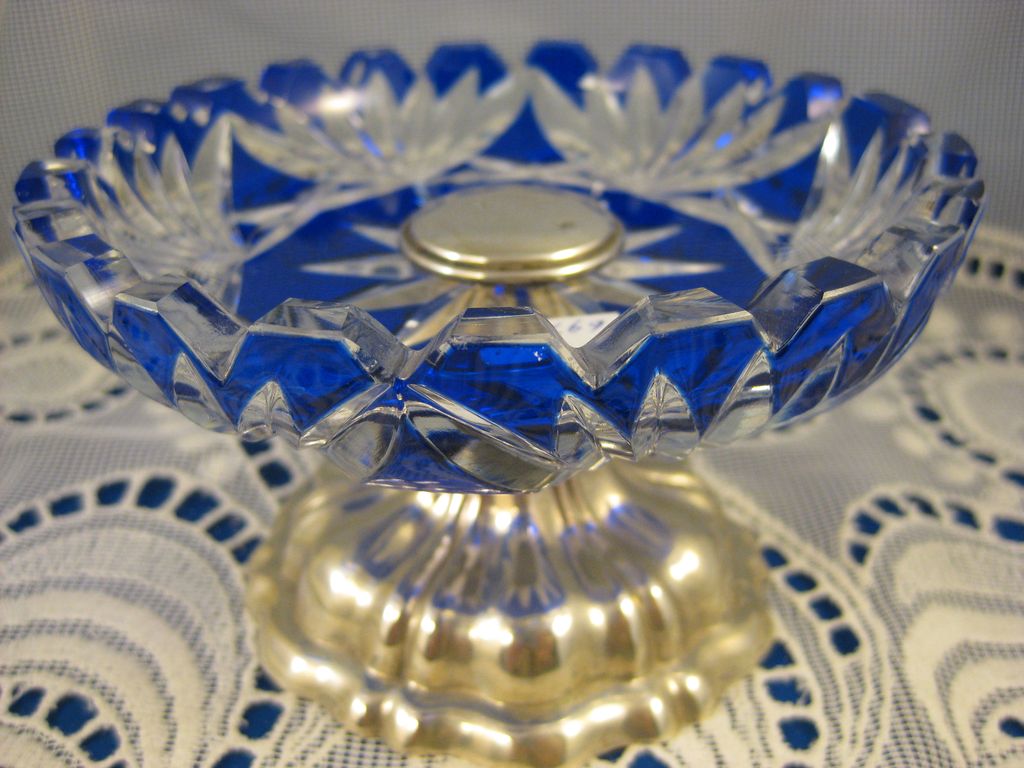 Continental Sterling ~ Cut to Clear Cobalt Compote ~ Glass with Silver Base Continental Sterling ~ Cut to Clear Cobalt Compote ~ Glass with Silver Base