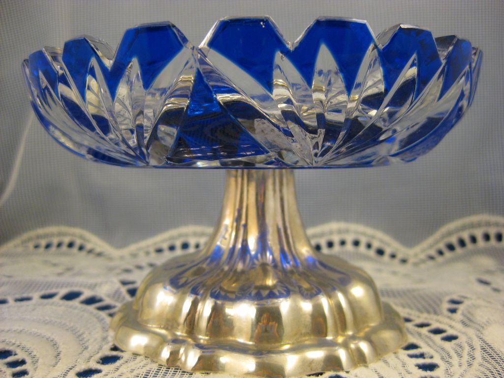 Continental Sterling ~ Cut to Clear Cobalt Compote ~ Glass with Silver Base Continental Sterling ~ Cut to Clear Cobalt Compote ~ Glass with Silver Base