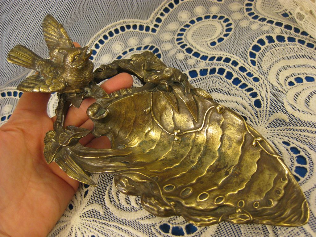 1800's Victorian Bronze ~ Bird & Frog Card Receiver Tray ~ Antique Pen Dish Holder 1800's Victorian Bronze ~ Bird & Frog Card Receiver Tray ~ Antique Pen Dish Holder