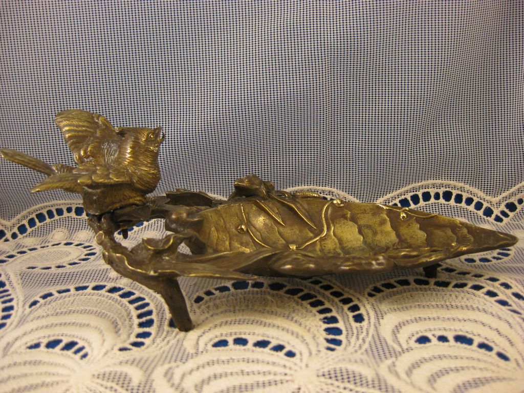 1800's Victorian Bronze ~ Bird & Frog Card Receiver Tray ~ Antique Pen Dish Holder 1800's Victorian Bronze ~ Bird & Frog Card Receiver Tray ~ Antique Pen Dish Holder