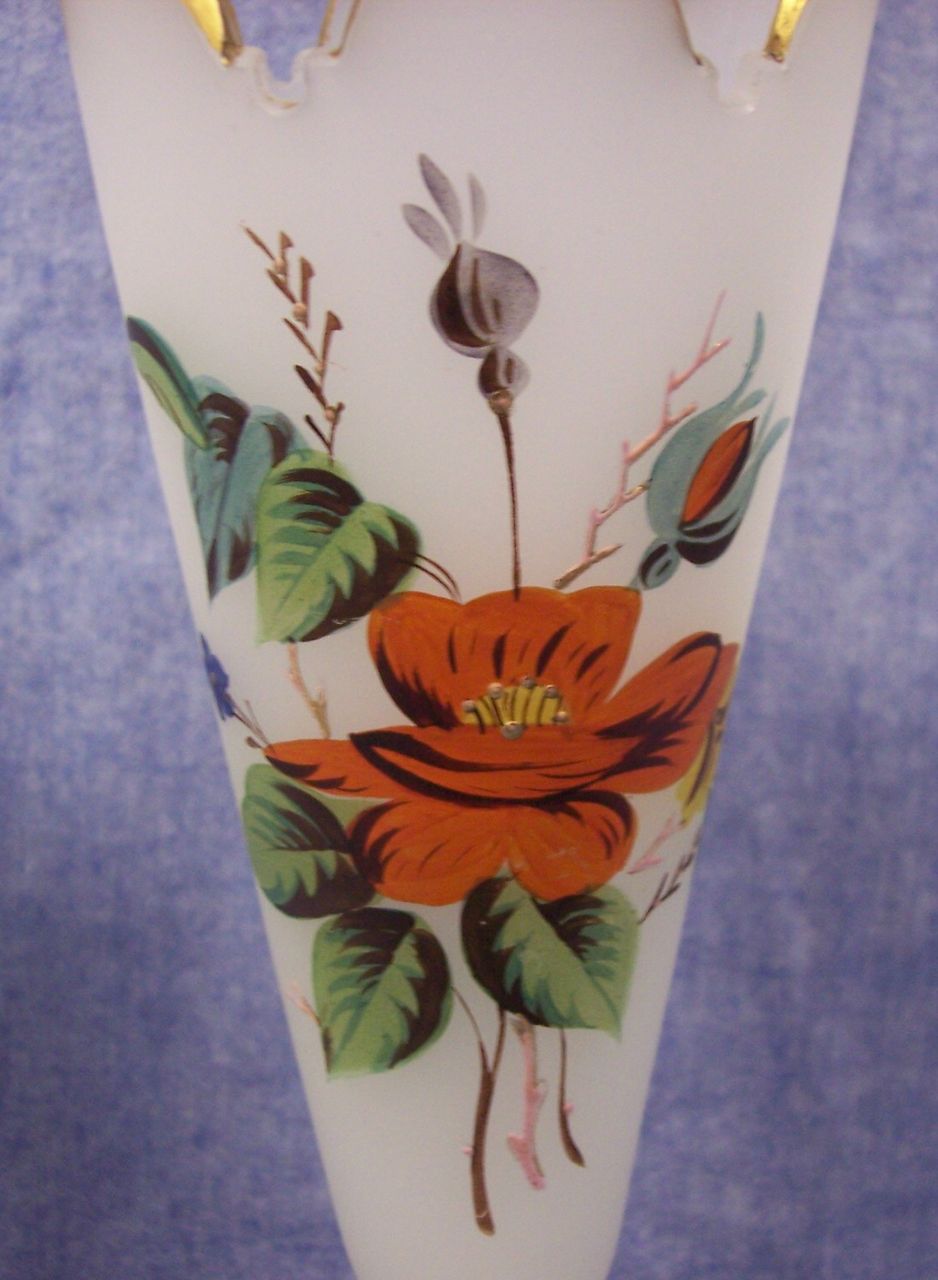 Pair of Vintage Hand Painted Bristol Glass Vases with Crown Tops Pair of Vintage Hand Painted Bristol Glass Vases with Crown Tops