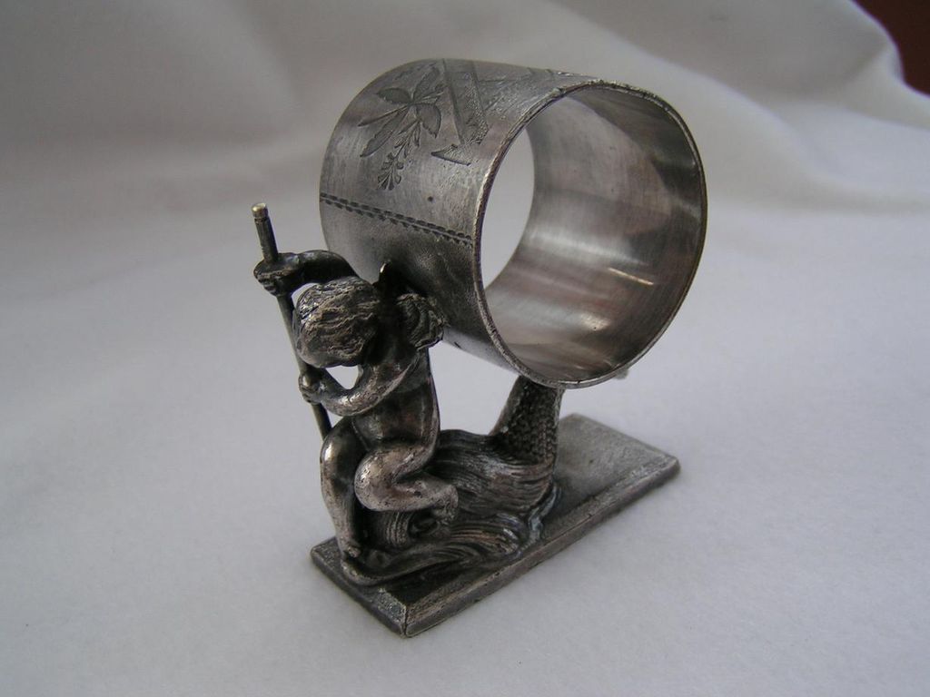 Rare 19th Century ROGERS & Bro. FIGURAL NAPKIN RING Holder with Cherub Angel on Fish Rare 19th Century ROGERS & Bro. FIGURAL NAPKIN RING Holder with Cherub Angel on Fish