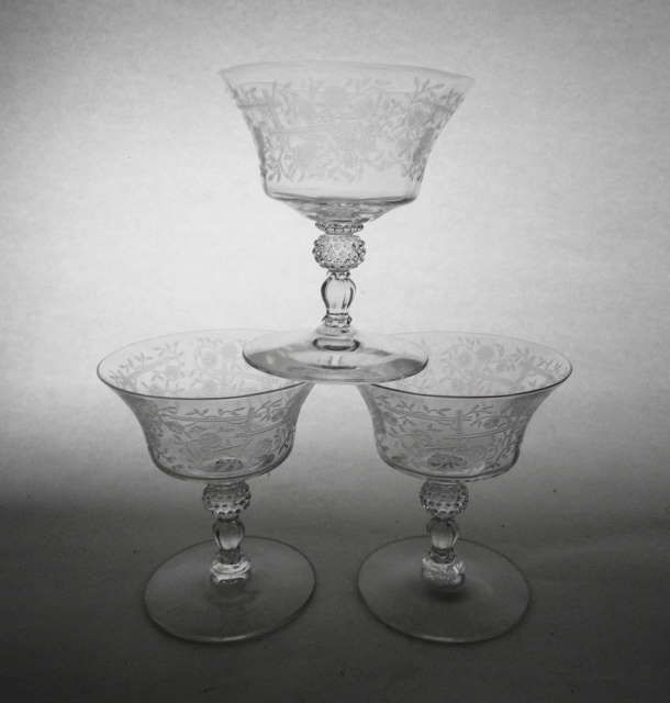 Heisey Olympiad Etch Monte Cristo Blank 3 crystal Low Sherbets Heisey Olympiad Etch Monte Cristo Blank 3 crystal Low Sherbets
