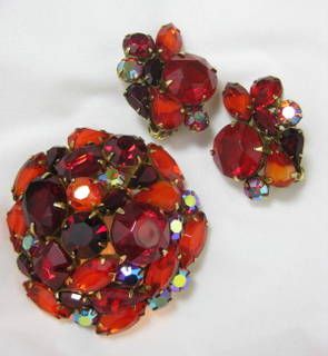 Kramer Domed Brooch & Earring Set - Vibrant Red/Orange Rhinestone Kramer Domed Brooch & Earring Set - Vibrant Red/Orange Rhinestone
