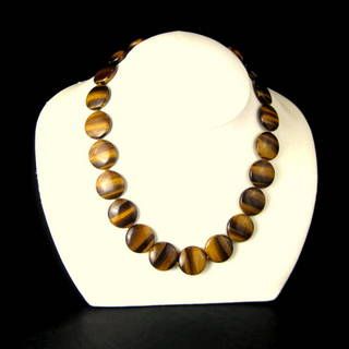 Tigers Eye Stone Disc Bead Necklace with 14 K Clasp Signed Gold Stone Jewelry Corp Tigers Eye Stone Disc Bead Necklace with 14 K Clasp Signed Gold Stone Jewelry Corp