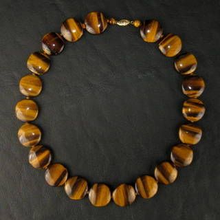 Tigers Eye Stone Disc Bead Necklace with 14 K Clasp Signed Gold Stone Jewelry Corp Tigers Eye Stone Disc Bead Necklace with 14 K Clasp Signed Gold Stone Jewelry Corp