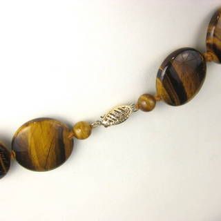 Tigers Eye Stone Disc Bead Necklace with 14 K Clasp Signed Gold Stone Jewelry Corp Tigers Eye Stone Disc Bead Necklace with 14 K Clasp Signed Gold Stone Jewelry Corp