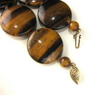 Tigers Eye Stone Disc Bead Necklace with 14 K Clasp Signed Gold Stone Jewelry Corp Tigers Eye Stone Disc Bead Necklace with 14 K Clasp Signed Gold Stone Jewelry Corp
