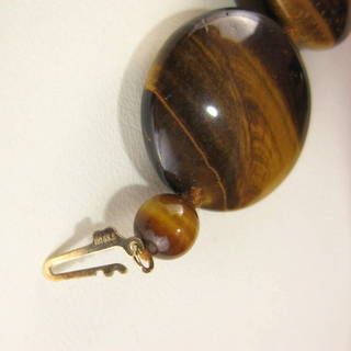 Tigers Eye Stone Disc Bead Necklace with 14 K Clasp Signed Gold Stone Jewelry Corp Tigers Eye Stone Disc Bead Necklace with 14 K Clasp Signed Gold Stone Jewelry Corp