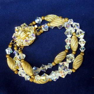 Vintage Clear Aurora Borealis Crystal Bicone Bead Triple Strand Bracelet Vintage Clear Aurora Borealis Crystal Bicone Bead Triple Strand Bracelet