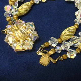 Vintage Clear Aurora Borealis Crystal Bicone Bead Triple Strand Bracelet Vintage Clear Aurora Borealis Crystal Bicone Bead Triple Strand Bracelet