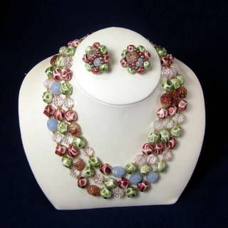 Vintage Japan Three Strand Glass and Plastic Necklace and Earring Set in Green Burgundy and Blue Vintage Japan Three Strand Glass and Plastic Necklace and Earring Set in Green Burgundy and Blue