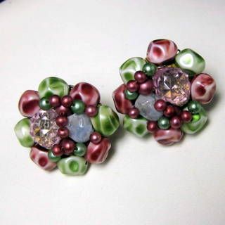 Vintage Japan Three Strand Glass and Plastic Necklace and Earring Set in Green Burgundy and Blue Vintage Japan Three Strand Glass and Plastic Necklace and Earring Set in Green Burgundy and Blue