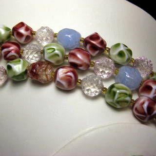 Vintage Japan Three Strand Glass and Plastic Necklace and Earring Set in Green Burgundy and Blue Vintage Japan Three Strand Glass and Plastic Necklace and Earring Set in Green Burgundy and Blue