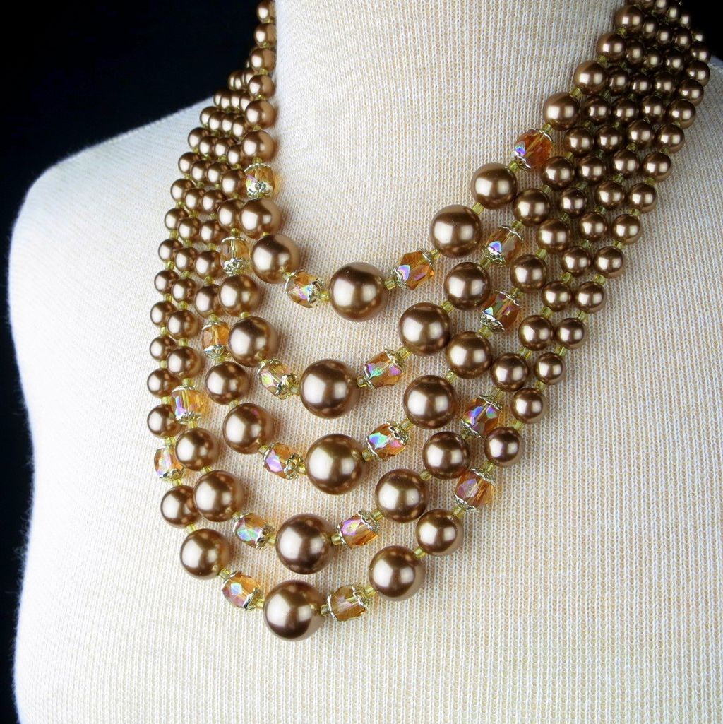Vintage 5 Strand Bronze Faux Pearl Carnival Glass Japan Necklace Vintage 5 Strand Bronze Faux Pearl Carnival Glass Japan Necklace