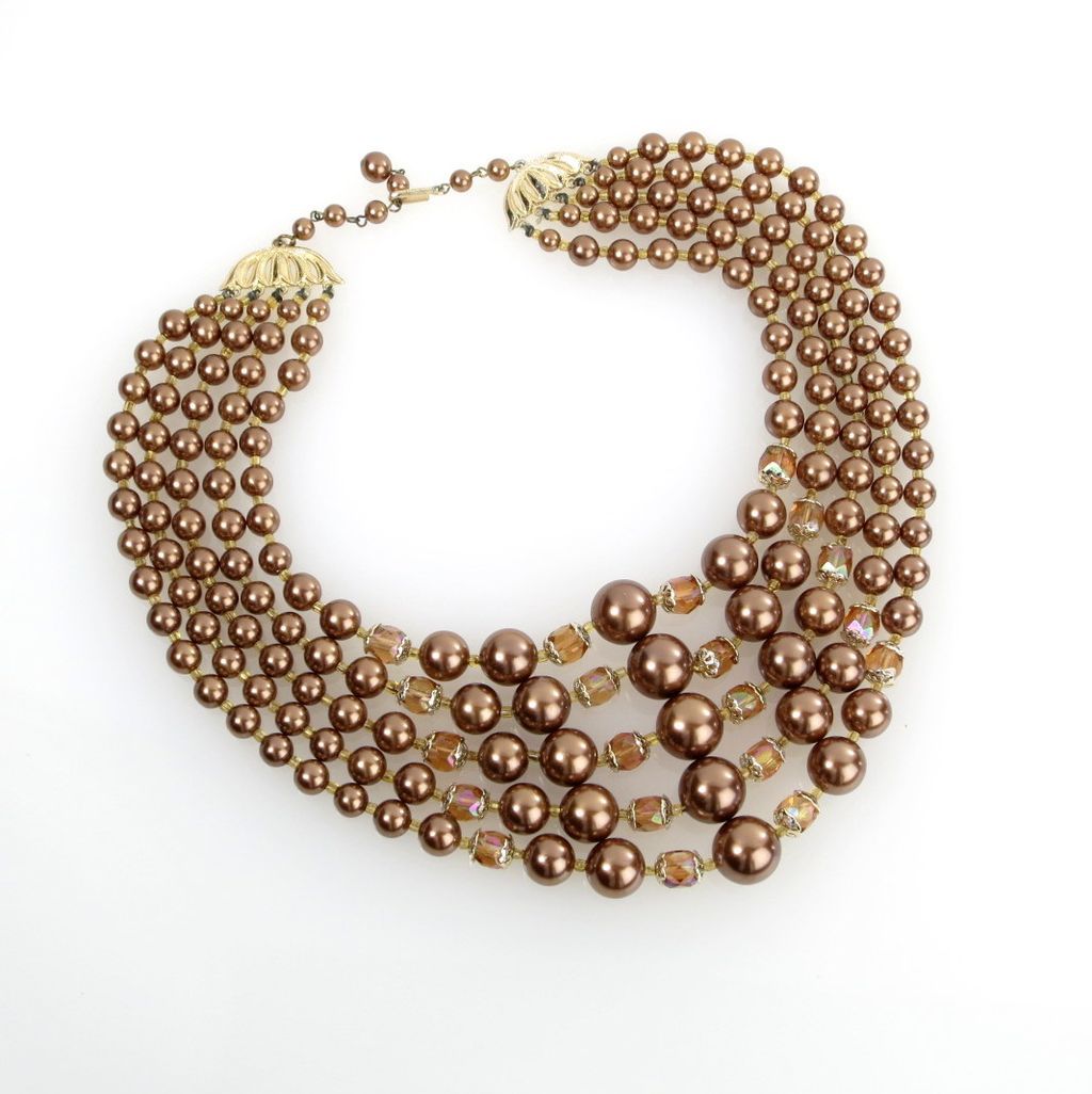 Vintage 5 Strand Bronze Faux Pearl Carnival Glass Japan Necklace Vintage 5 Strand Bronze Faux Pearl Carnival Glass Japan Necklace