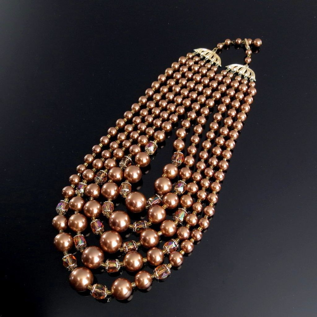 Vintage 5 Strand Bronze Faux Pearl Carnival Glass Japan Necklace Vintage 5 Strand Bronze Faux Pearl Carnival Glass Japan Necklace