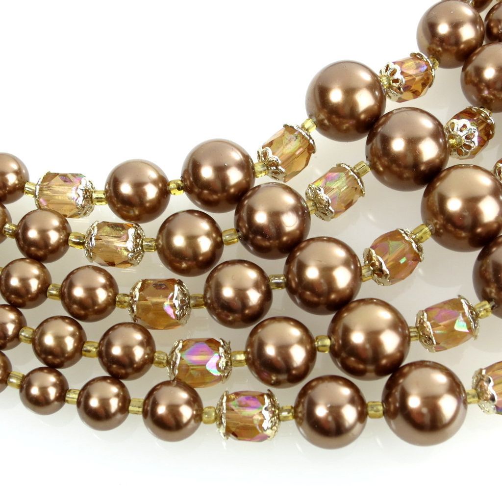 Vintage 5 Strand Bronze Faux Pearl Carnival Glass Japan Necklace Vintage 5 Strand Bronze Faux Pearl Carnival Glass Japan Necklace