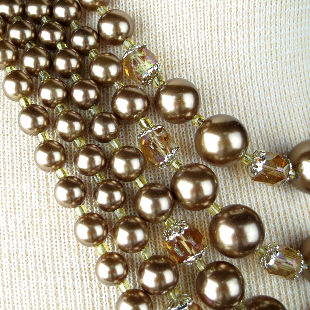 Vintage 5 Strand Bronze Faux Pearl Carnival Glass Japan Necklace Vintage 5 Strand Bronze Faux Pearl Carnival Glass Japan Necklace
