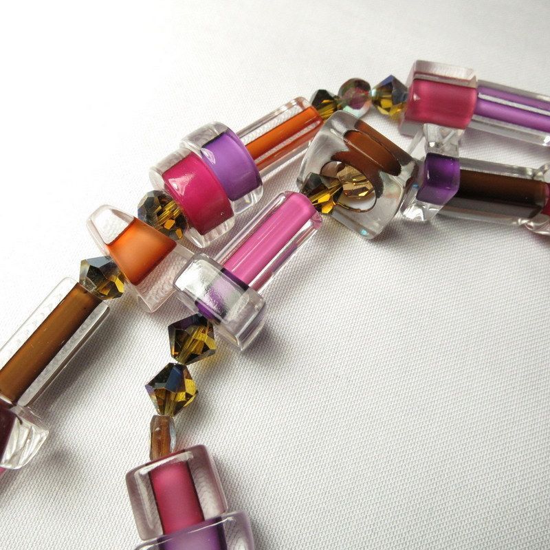 Vintage Chunky Geometric Case Art Glass Bead Necklace and Earring Set Vintage Chunky Geometric Case Art Glass Bead Necklace and Earring Set