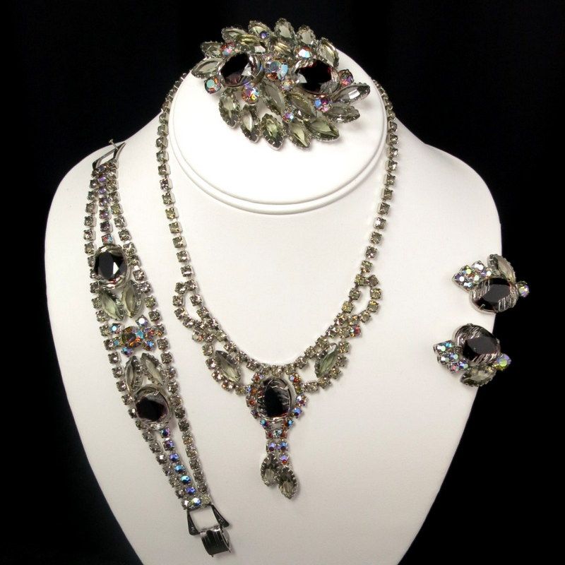 Vintage Smoky Rhinestone AB Marquise Art Glass Grand Parure Vintage Smoky Rhinestone AB Marquise Art Glass Grand Parure