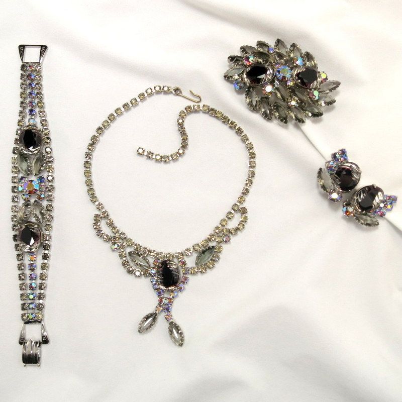 Vintage Smoky Rhinestone AB Marquise Art Glass Grand Parure Vintage Smoky Rhinestone AB Marquise Art Glass Grand Parure